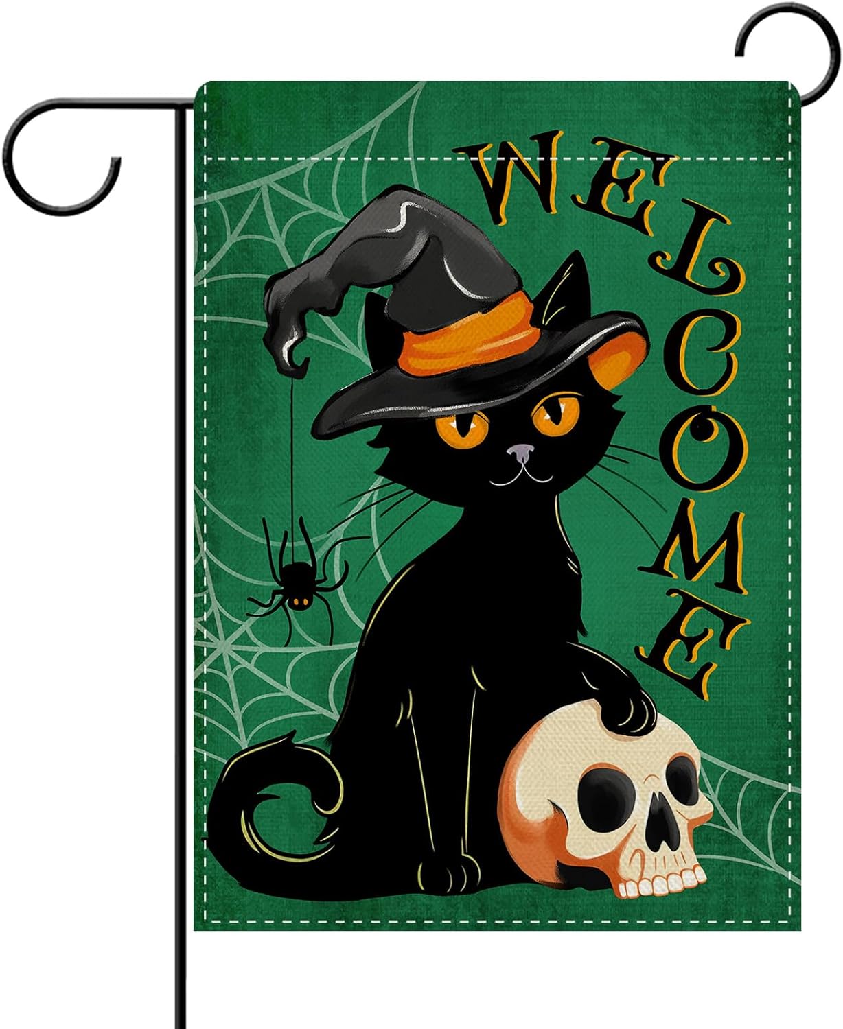Dyrenson Welcome Halloween Black Cat Decorative Garden Flag, Green Spooky Skull Yard Outside Home Decoration Pet Owner Lover Gift, Funny Spider Web Burlap Outdoor Small Decor Double Sided 12 x 18