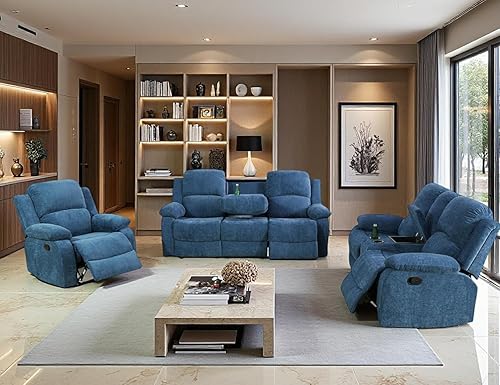 Miniatura 26 de Conjunto de sofá reclinable manual con mesa desplegable, 3 piezas de sofá reclinable de cuero marrón, juegos de muebles para sala de estar, sofá