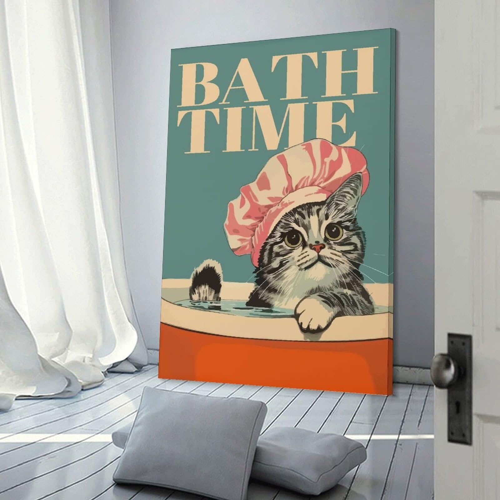 Junmoney Frame-Style-16-1 Cat Bath Time Illustration Canvas Art Print 24X36inch(60X90cm), For New Homes, Bedrooms Or Workspaces, Gift Idea For Housewarming And Birthdays