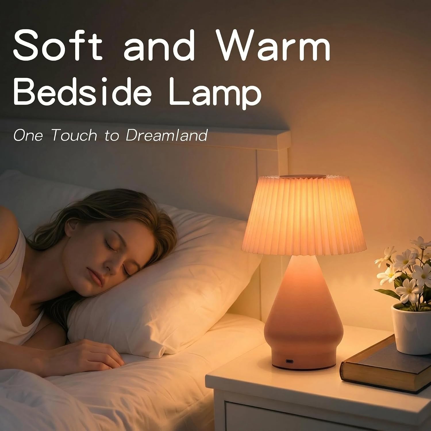 Cordless Rechargeable Small Pink Bedside Touch Table Lamp,Pleated Shade image 5