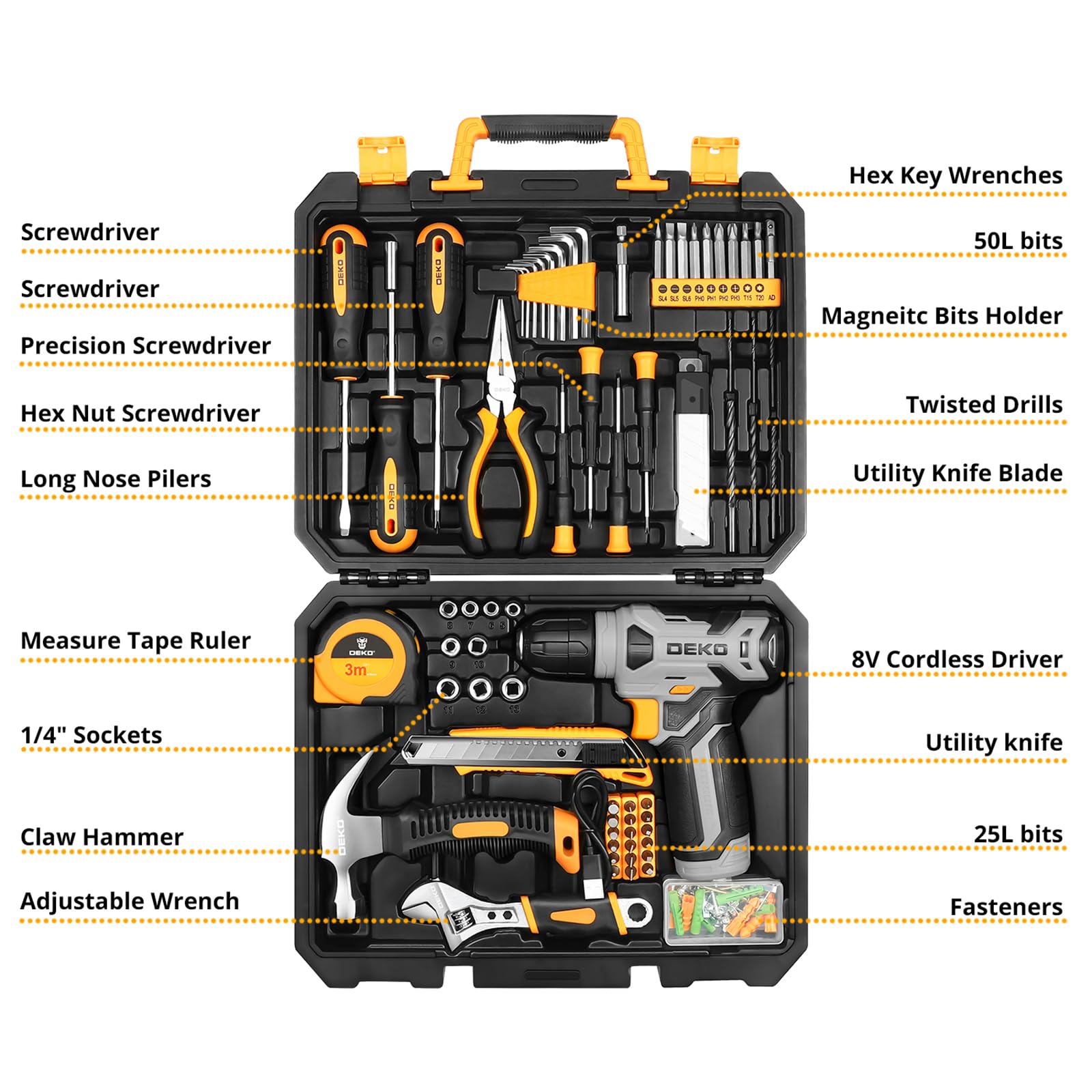 DEKO Caja Herramientas Completa con Destornillador Electrico/Taladro con bateria de 8V, Maletin de 126 Piezas, Caja profesional de herramientas Domésticas de Bricolaje para Oficinas y Jardín, Gris