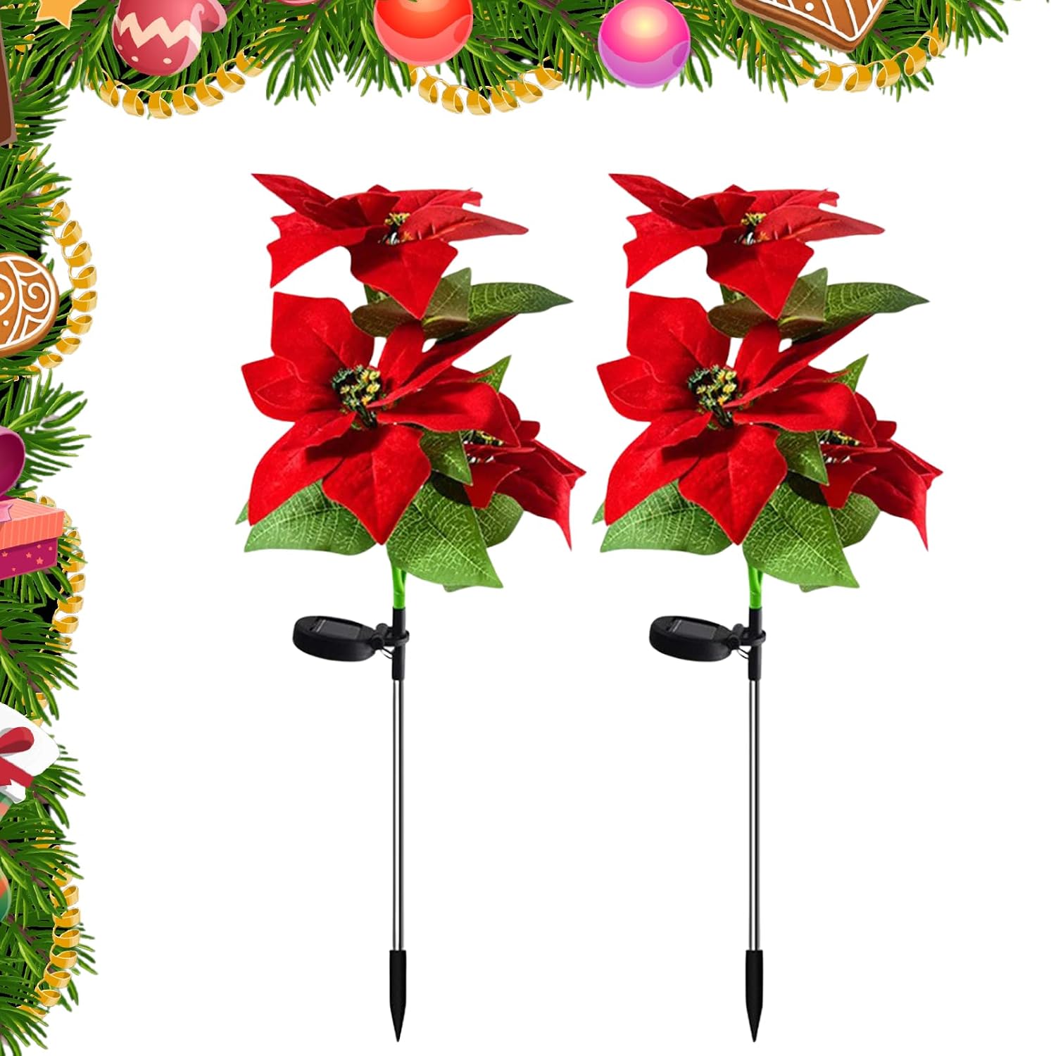 JUOPZKENN 2Pcs Solar Garden Lights, Outdoor Solar Flower Lights, Simulation Poinsettia LED Light,Christmas Stake Lights with Faux Poinsettia Flowers for Garden, Yard, Patio, Lawn Decorative