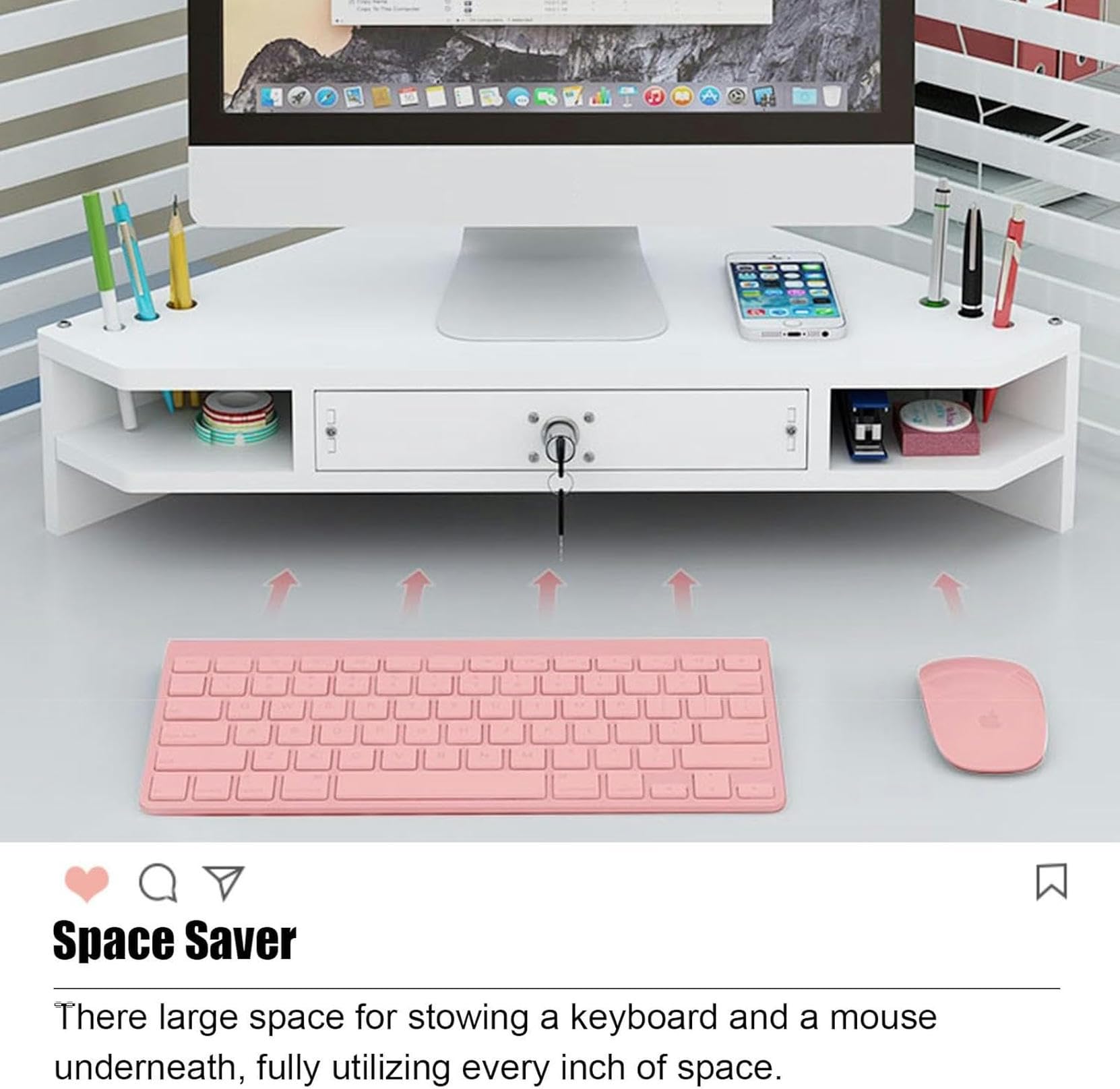 Narożna podstawka pod monitor na biurko, Biały trójkątny stojak na monitor z blokowaną szufladą