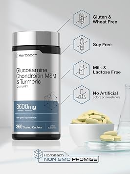 Horbaach Glucosamine Chondroitin MSM | 360 Caplets | Advanced Formula with Turmeric | Non-GMO, Gluten Free