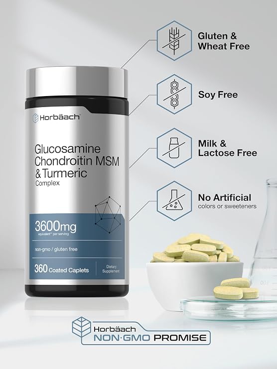 Horbaach Glucosamine Chondroitin MSM | 360 Caplets | Advanced Formula with Turmeric | Non-GMO, Gluten Free