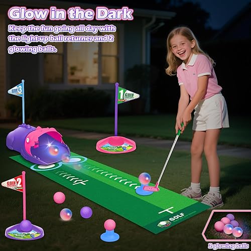 Miniatura 2 de Juego de golf para niños con dinosaurio de retorno automático de golf, bolas de golf nocturnas con luz LED, 3 palos, alfombra de putt, 3-8 juegos de