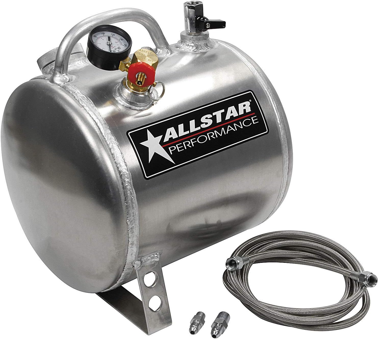 Oil Pump Primer Tank - Portable Oil Pressure Priming System | 9 in Diameter x 11 in Length | 4 AN Hose with 1/8 in NPT Male Fitting | Polished Aluminum | Kit