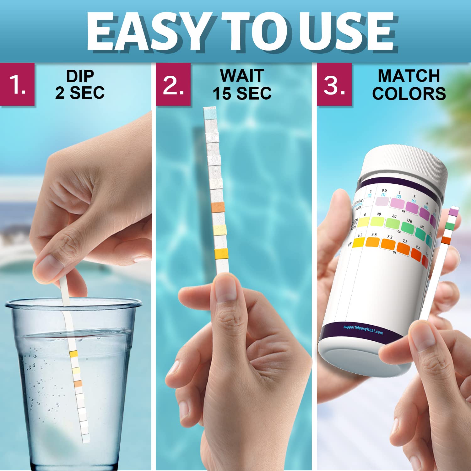 EASYTEST Pool and Spa Test Strips, 150 Strips Pack for Hot tub-Test pH,Total Alkalinity,Free Chlorine and Bromine, Accurate 3 in 1 Pool Water Testing Kit