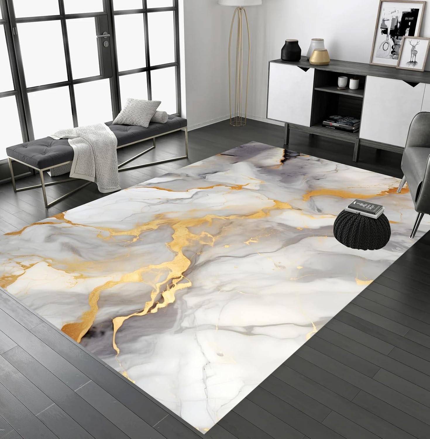 Abstract Marble Rug with Gold Lines Grey White Artistic Area Carpet Luxury Metal…