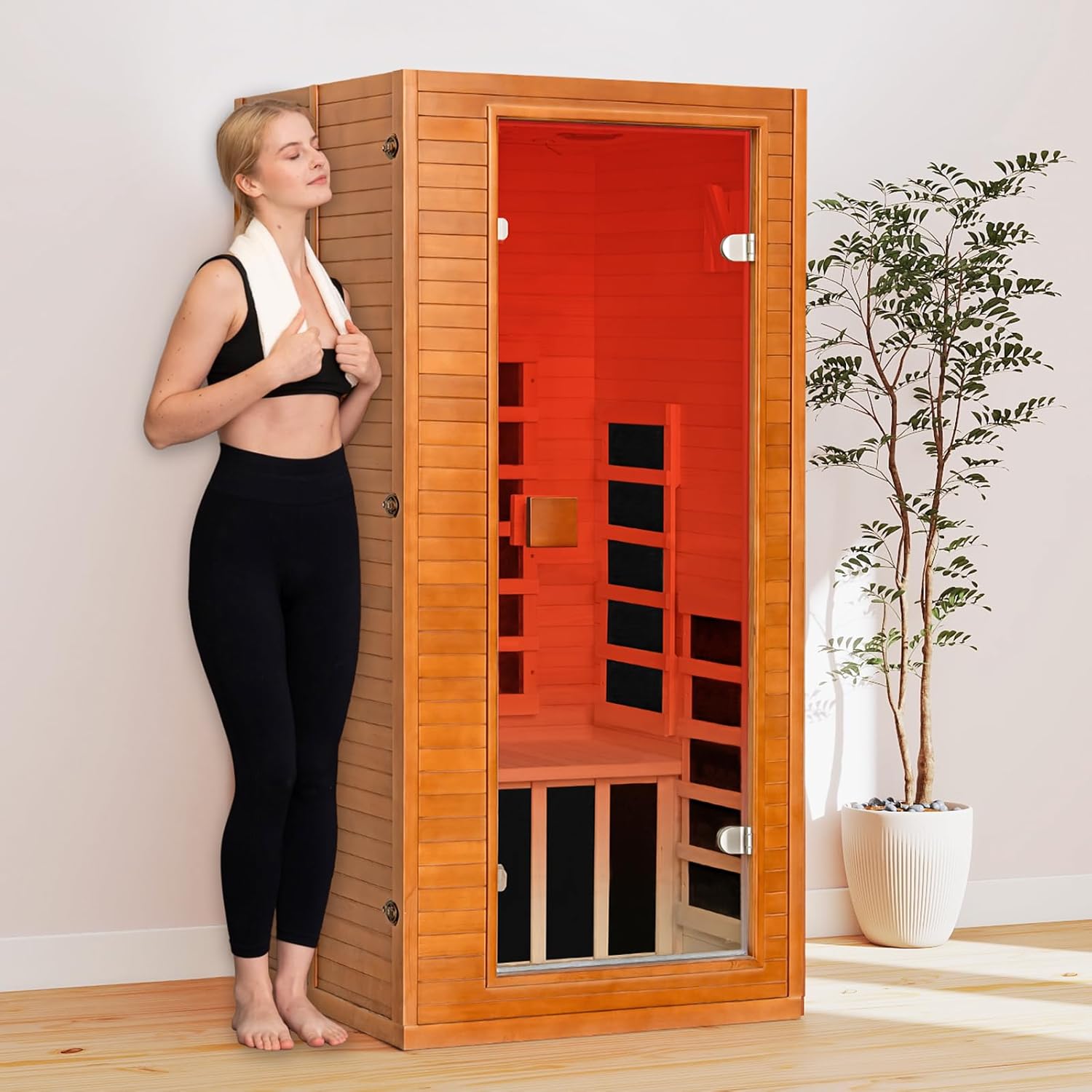 springspa Infrared Sauna for Home, 1 Person Home Sauna with Red Light Therapy, Canadian Hemlock Wooden Dry Saunas Room with Bluetooth Speakers, 1178 W/120V, 15 Minutes Pre-Warm up