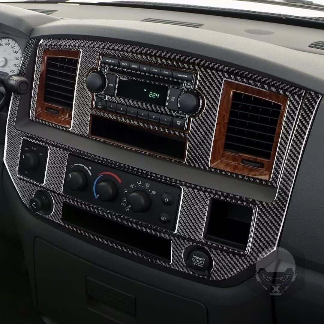Central Control Radio Temperature Control Air Conditioning Panel Cover Trim Set Carbon Fiber Sticker Compatible With Dodge Ram 1500 2006-2008, 2500/3500 2006-2009 Car Interior Accessories (B,black)