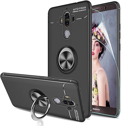 LeYi Funda Huawei Mate 9 con Anillo Soporte, 360 Grados Giratorio Ring Grip con Kickstand Gel TPU de Silicona Bumper Case Carcasa Fundas Huawei Mate 9 con HD Protector de Pantalla,Negro
