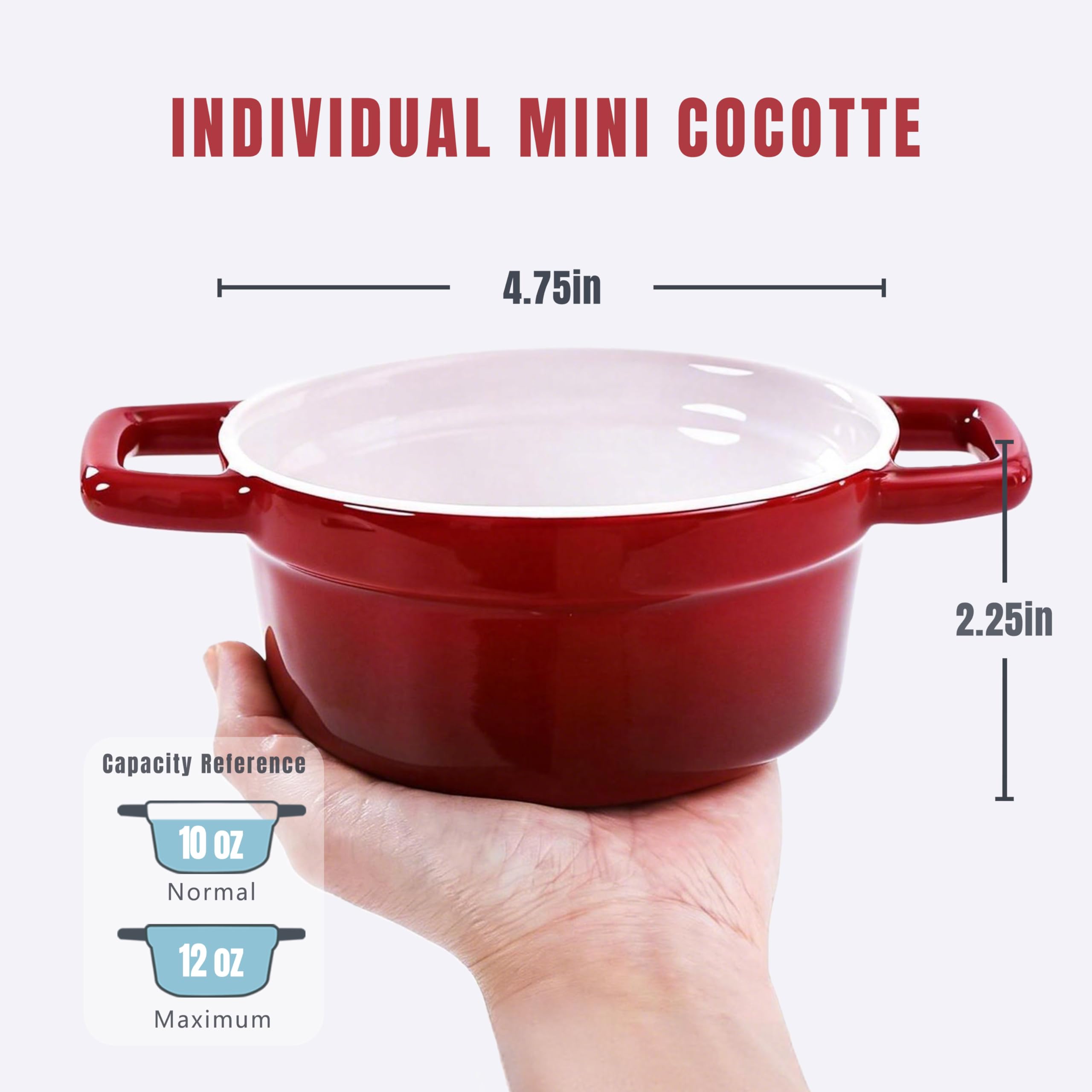 Lareina Mini Cocotte - Cacerolas de cerámica de 12 onzas - Juegos de cacerolas de cocina con asas y tapa - Ramequines pequeños para hornear - Apto para horno, microondas y lavavajillas - Juego de 4 -