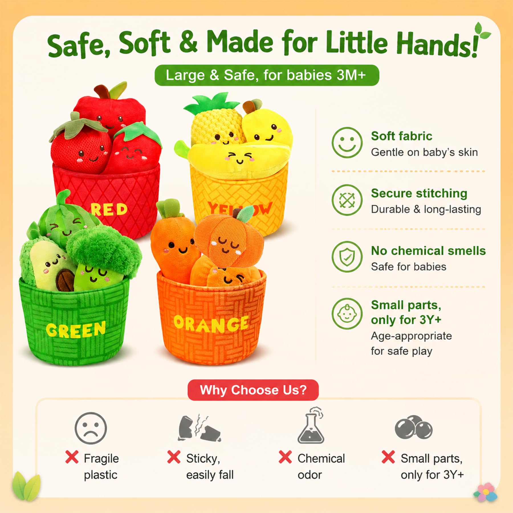 Sensory Toys für Babys, 6–12 Monate, Montessori-Spielzeug für Kleinkinder, 16 Stück, weiches Plüsch, Obst und Gemüse mit Knistern, Rassel und Farbsortierung, feinmotorisches Lernspielzeug, Geschenk