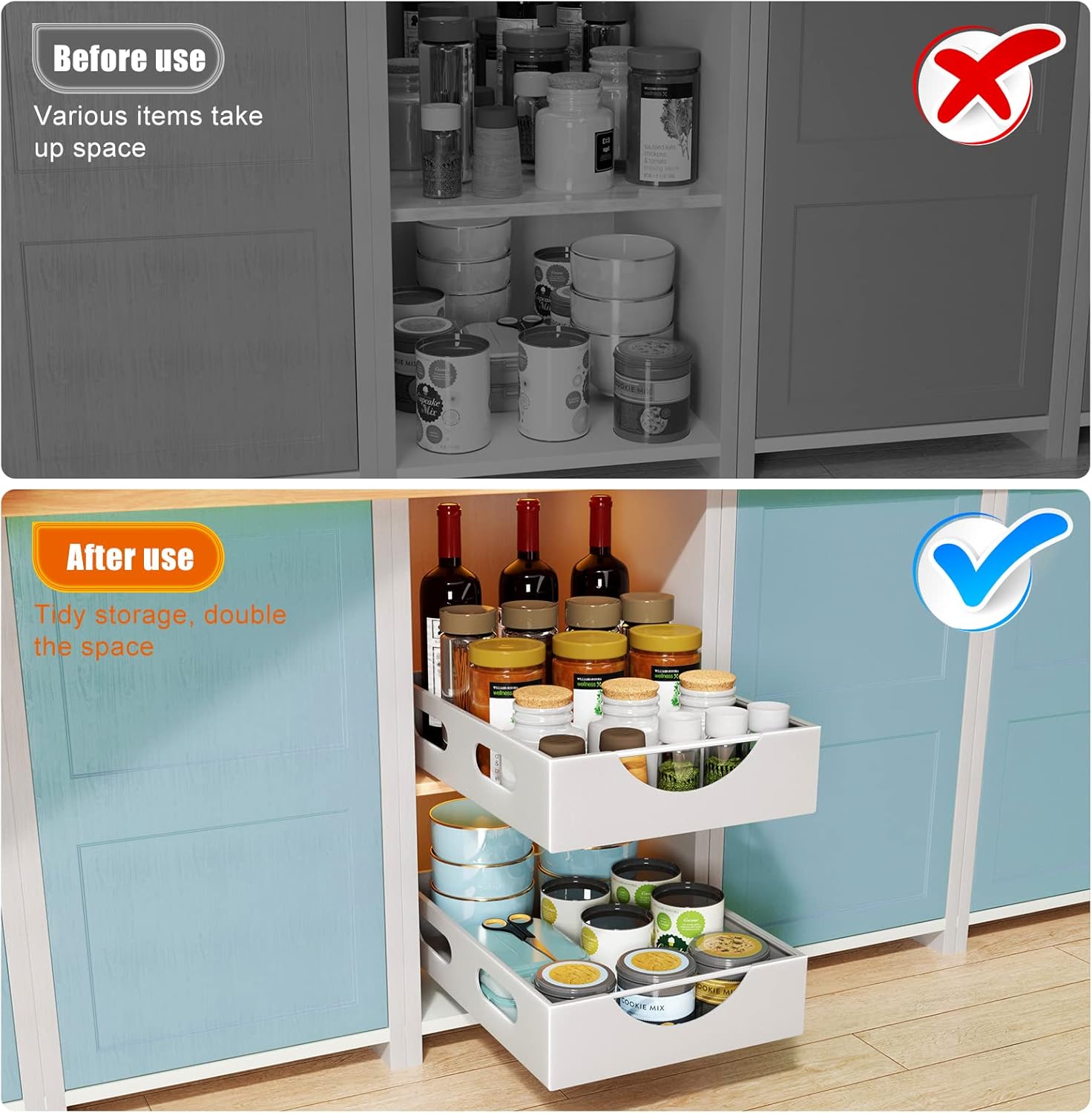 Pull Out Cabinet Organizer Fixed with Adhesive, Slide Out Drawer Storage Shelves - 10.8" W x 15.15" D Heavy Duty Pull Out Drawers for Kitchen Cabinets, Living Room, Home - White