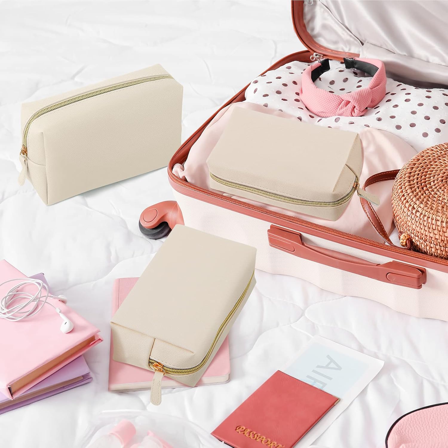 Dunzy 8 Pcs Makeup Bag Pu Leather Cosmetic Pouch Waterproof Small Toiletry Bag Portable Cosmetic Organizer Water Resistant Storage Purse for Lady Women Daily Storage Travel Organizer (Beige,Medium) - Image 7