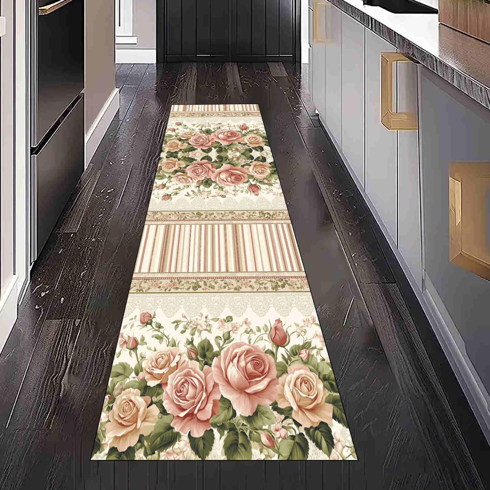 Flurteppich Läufer Vintage Rose rutschfest und Waschbar, Teppich