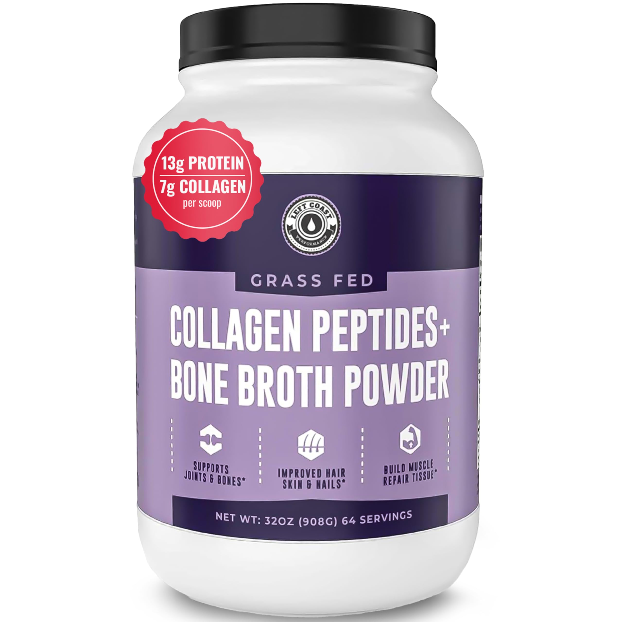 Left Coast Performance Collagen Bone Broth Powder 2lb, Bone Broth with Grass Fed Collagen Peptides. Unflavoured, Grass Fed, Hydrolyzed Beef, Zero Carb, Dairy Free Protein Powder. 64 Servings