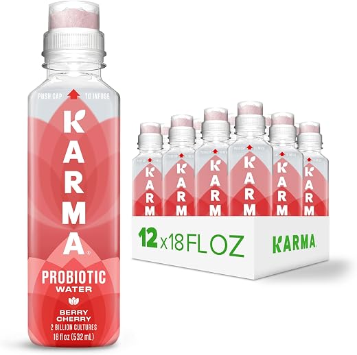 Karma Wellness Water Wellness Flavored Probiotic Water, Berry Cherry, Immunity and Digestive Health Support, Low Calorie, 2 Billion Active Cultures, 18 Fluid Ounce (Pack of 12)