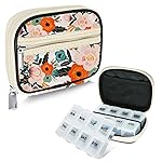 Serfeymi Weekly Travel Pill Organizer Pill Case for Purse with Removable 7 Day Pill Box, Fashionable Travel Medicine Organizer Pill Container for Medicine, Vitamin, Supplement - Bloom 01 + Pill Box