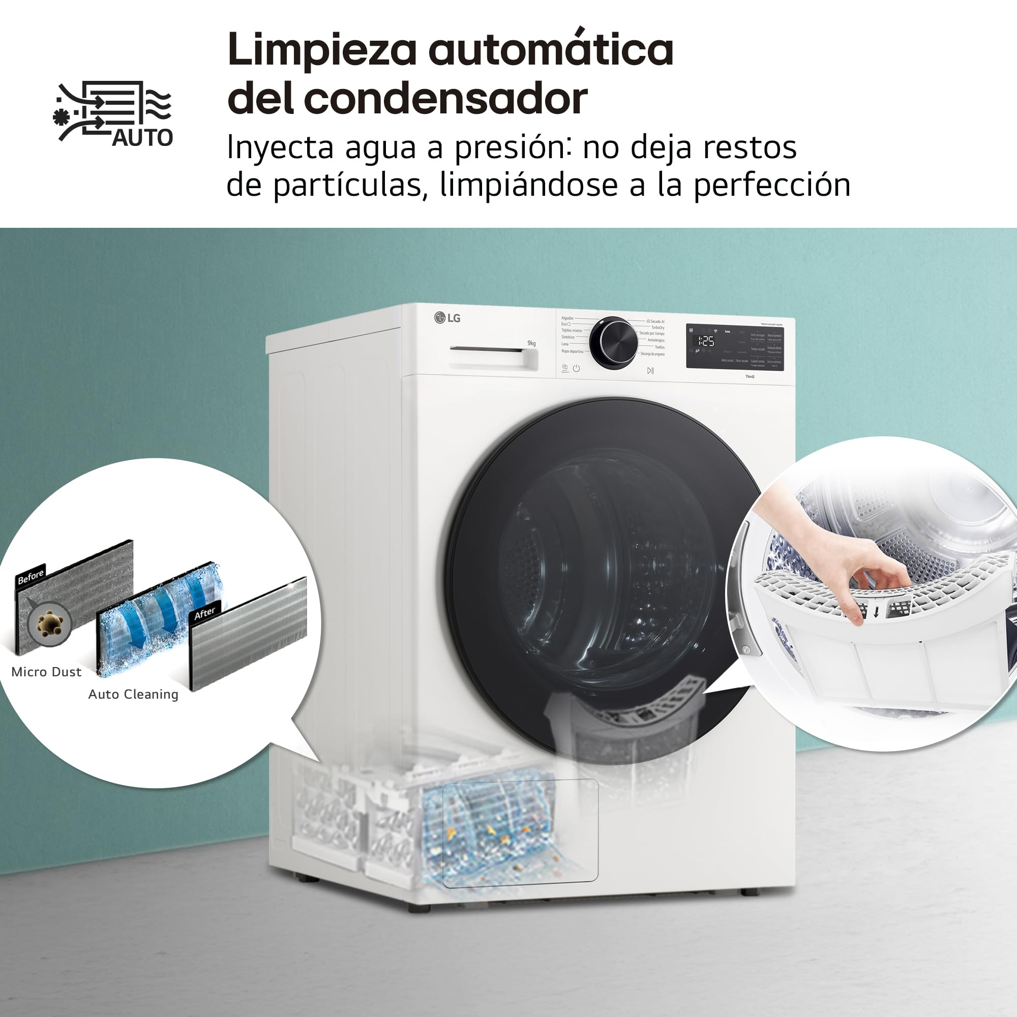 LG RHX5009TLB - Secadora con Inteligencia Artificial 9kg, Bomba de Calor Dual Inverter, Eficiencia Clase B, Serie 500, Tecnología AI Dry, Eco Hybrid, Conectividad Wi-Fi ThinQ, Blanco