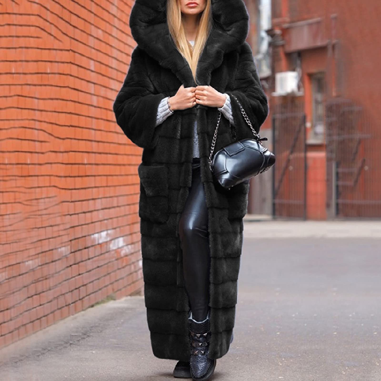 Manteau d'hiver pour femme - Veste à capuche chaude en fausse fourrure - Veste longue d'hiver pour femme - Élégante cardigan - Veste longue mi-saison - Veste en peluche avec fourrure