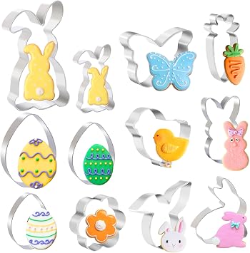 Easter Cookie Cutters,12PCS Stainless Steel Easter Cutters - Easter Egg,Chick,Butterfly,Flower,Bunny,Carrot Biscuit Cutters for Easter Party Baking DIY