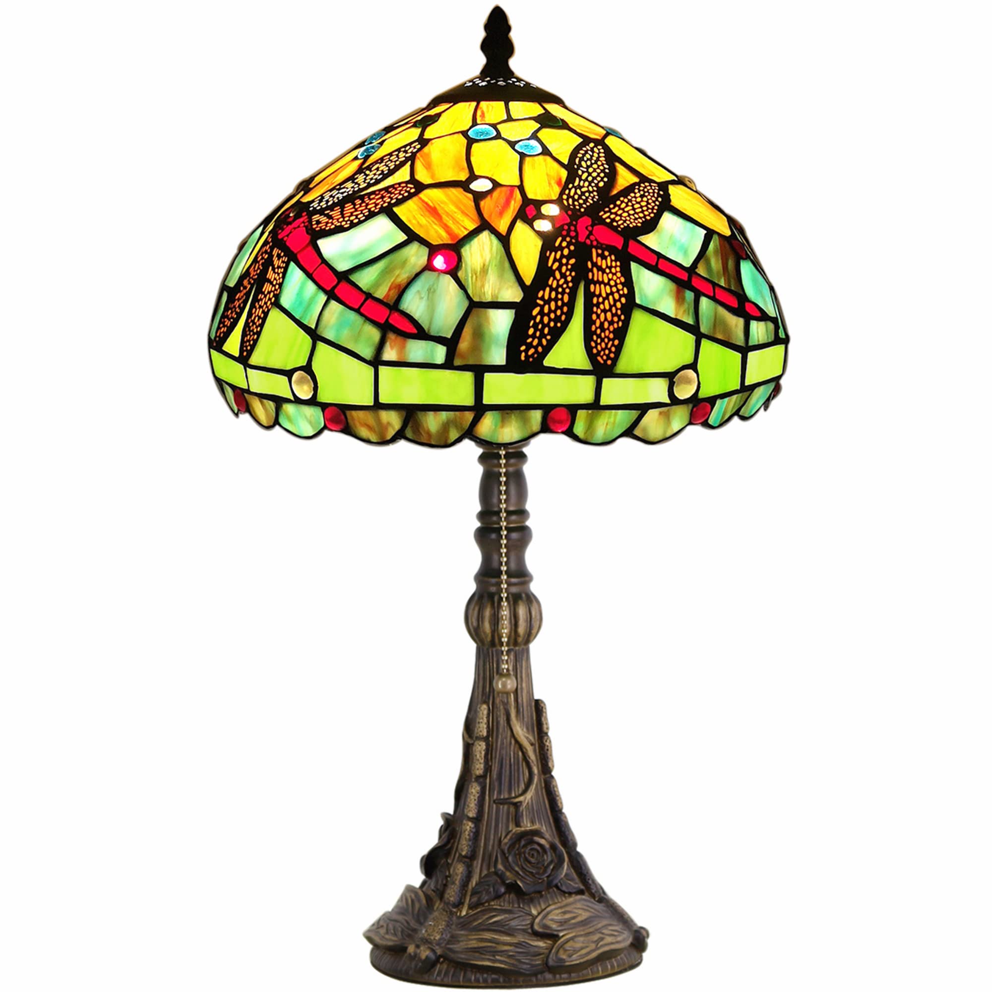 ZJART Tiffany Table Lamp 1-Light 19 Inch High Green Yellow Stained Glass Dragonfly Style Reading Lamp Nightstand Bedside Desk Light Vintage Traditional Handmade Office Desk lamp Pull Chain Switch