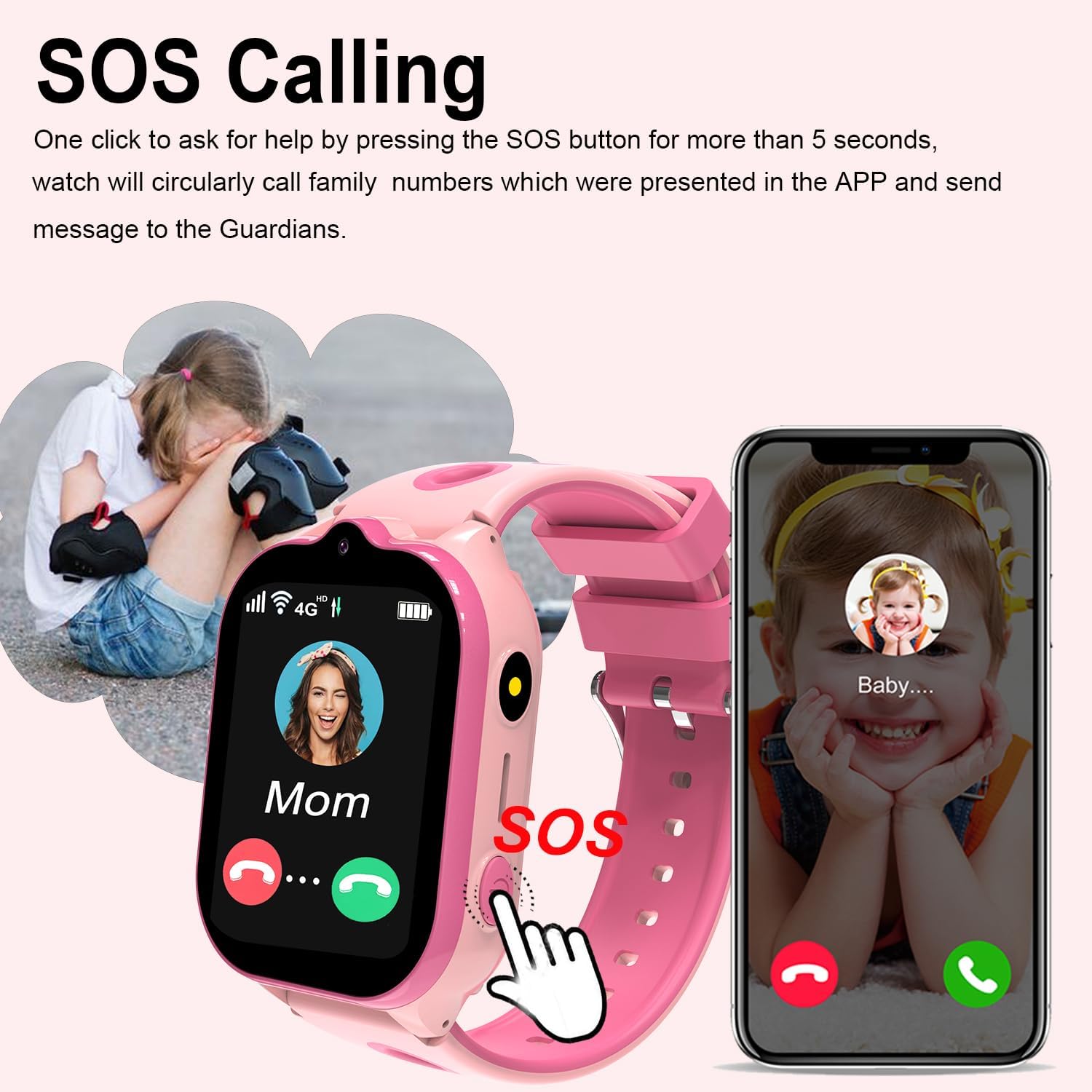 4G Kids Smart Watch GPS Tracker, Smartwatches with Video Calling Two Way Call Puzzle Games Voice Chat One Key SOS School Mode Geo-Fence HD Touch Screen Alarm Clock Smartwatches for Boys Girls (Pink)