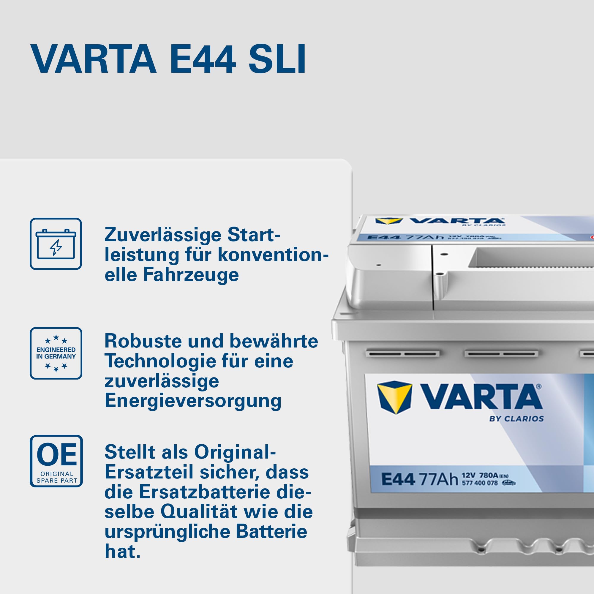 VARTA Automotive DYNAMIC SLI (E44) 12V 77Ah 780A - Nassbatterie KFZ mit Standardausstattung & ohne Start-Stopp System - Starterbatterie für einfachen Energiebedarf - Bleisäurebatterie wartungsfrei | Starterbatterie Standardausstattung & ohne Start-Stopp S
