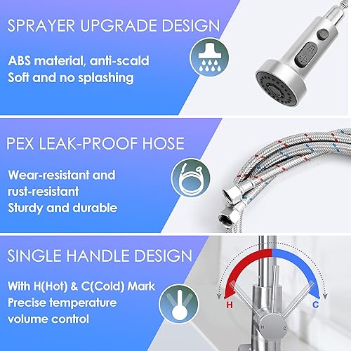 Miniatura 5 de Herogo Grifos de cocina con dispensador de jabón de níquel cepillado, acero inoxidable, grifo de resorte extraíble comercial con rociador extraíble,