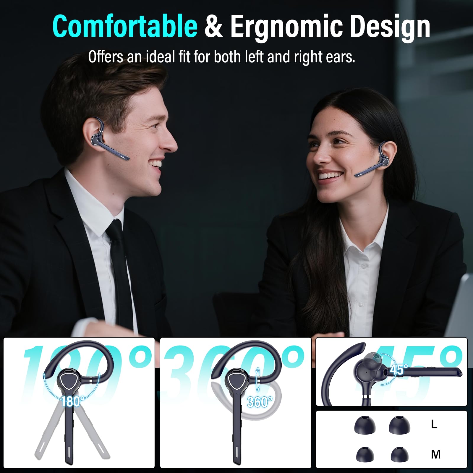 Cuffie Bluetooth Singolo Vivavoce, Auricolare V5.4 con ENC Noise Canceling Mic Mute, 90 Ore Mano Libera Auricolare Bluetooth per Affari/Sport Blu