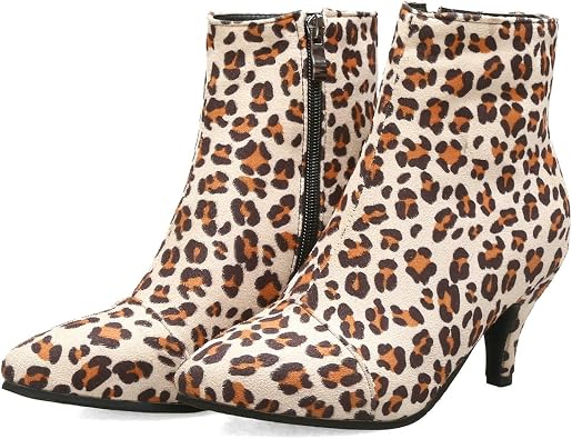 UniqueStride Womens Booties Pointed Toe Stiletto High Heels Ankle Boots Faux Suede Leopard Print Shoes