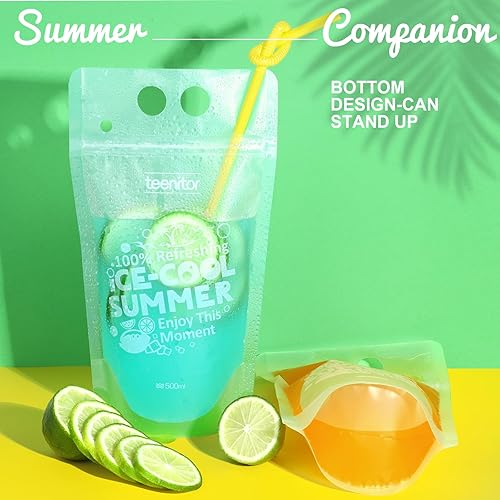 Miniatura 5 de Teenitor 100 bolsas de bebidas, bolsas de bebidas para adultos, bolsas de bebidas con bolsas de jugo de pajita, 100 popotes, bolsas de licor