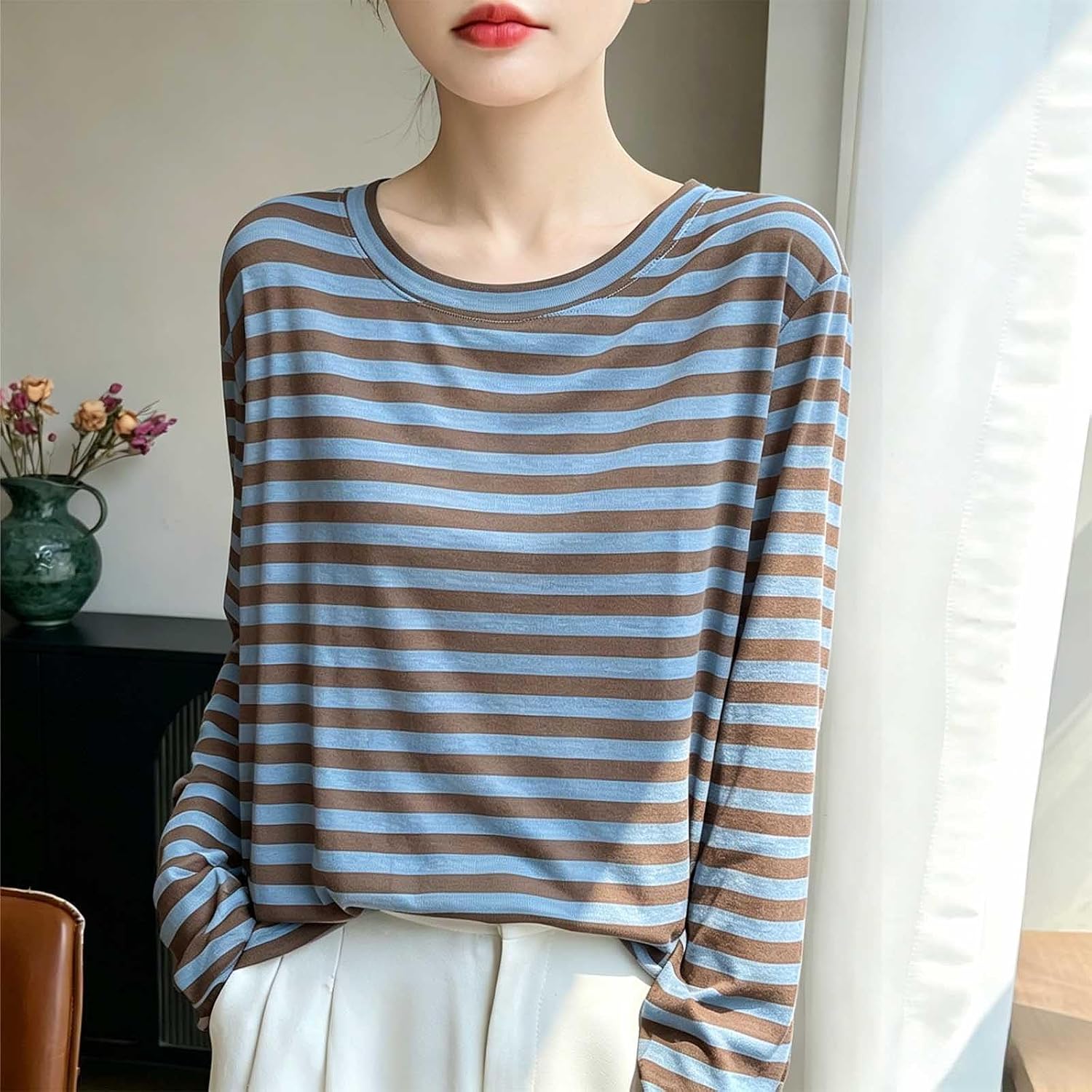 Women Striped Long Sleeve Shirt Crewneck Casual Fall Spring Lightweight Tops Y2K Fashion Loose Fit Blouses Clothes