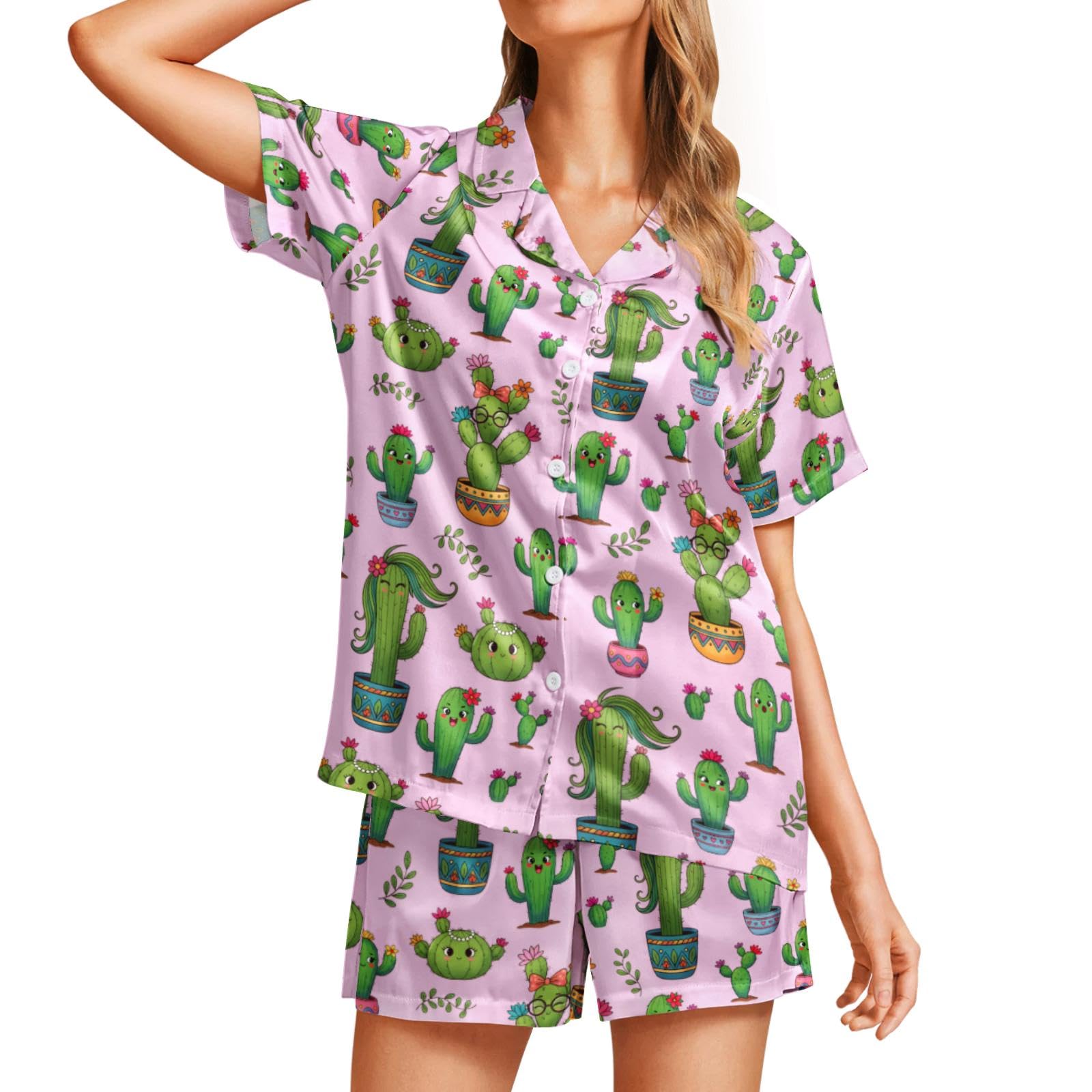 Funny Pajamas for Women Set Print Satin Loungewear Pjs Short Sleeve Button Down Top and Shorts Sets Sleepwear XS-3XL