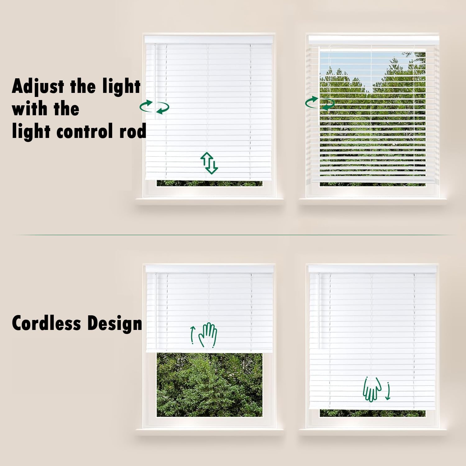 Blackout Faux Wood Blinds for Indoor Windows 2 inch Wooden Shades Cordless Window Blinds for Home.White,88" W x 62" H （223.52cmW x 157.48cmH）
