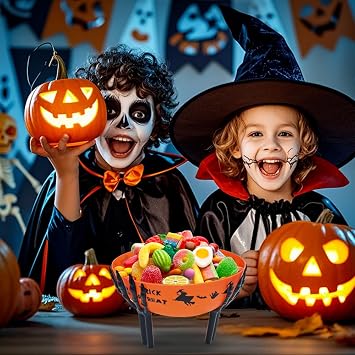 2 Pcs Halloween Candy Bowl with Holder Plastic Trick or Treat Bowls Large halloween Party Plastic Serving Bowl Tableware Candy Holders Party Supplies(Purple Orange)