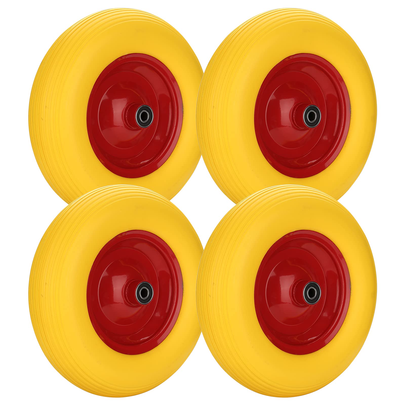 4 x koło do taczki PU, pełna guma, 4.80/4.00-8, Ø 390 mm, 200 kg, w zestawie odporne na przebicie opony gumowe z osią, żółto-czerwone