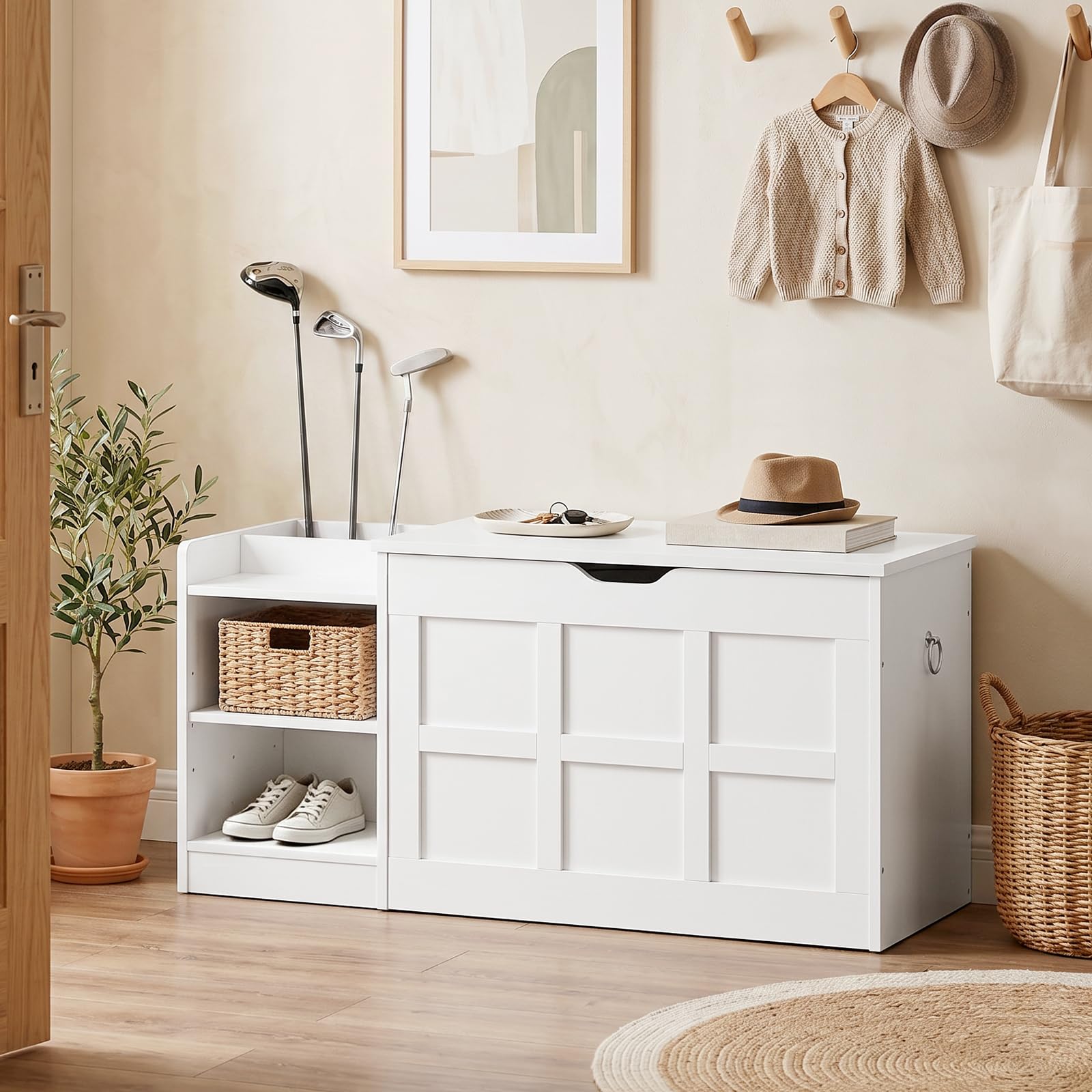 HOOBRO Coffre à Jouets avec Couvercle, Banc de Rangement avec 1 Charnière Amortie et 2 Poignées de Tirage, 100 x 40 x 48 cm, pour Chambre, Salon, Entrée, Blanc EWT480CW01