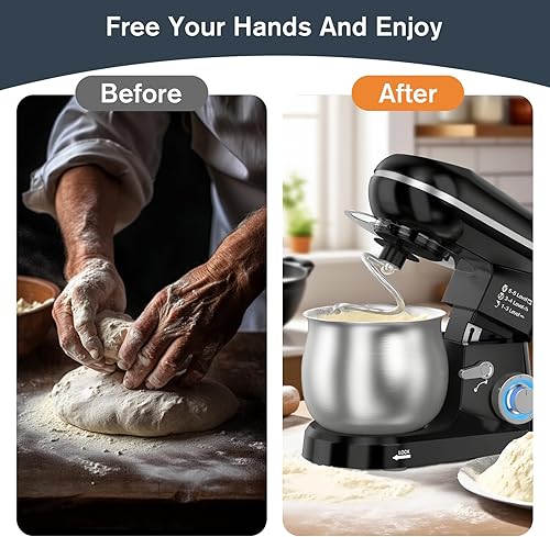 Miniatura 3 de Batidora eléctrica de pie de 6 velocidades con cuenco de acero inoxidable de 5.3 cuartos de galón, diseño de cabezal inclinable, incluye gancho para