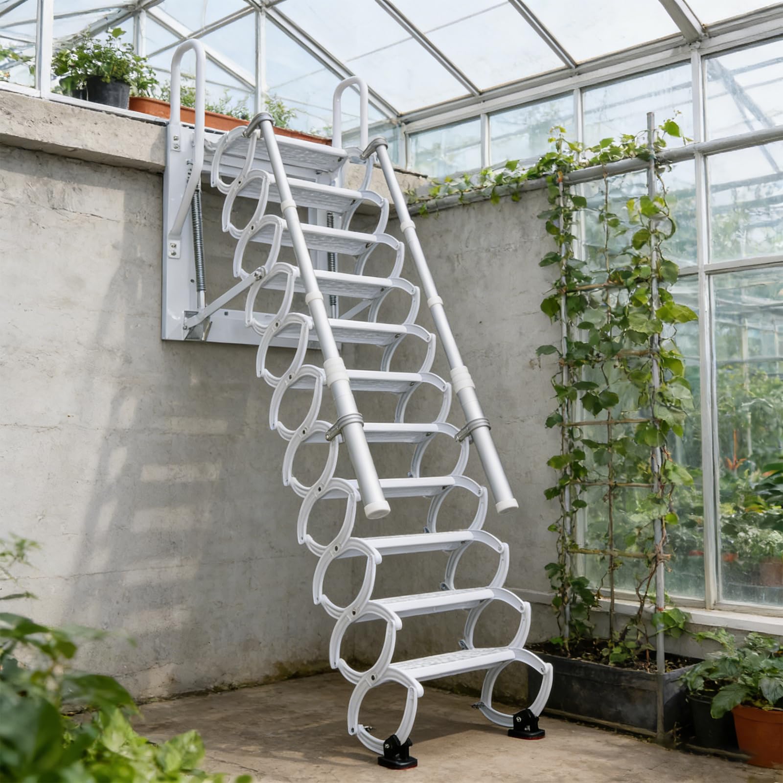 Escalera telescópica para ático montada en la Pared, Escaleras para ático desplegables con reposabrazos, Escaleras de ático de Pared abatibles, Exteriores (Blanco, A-12)