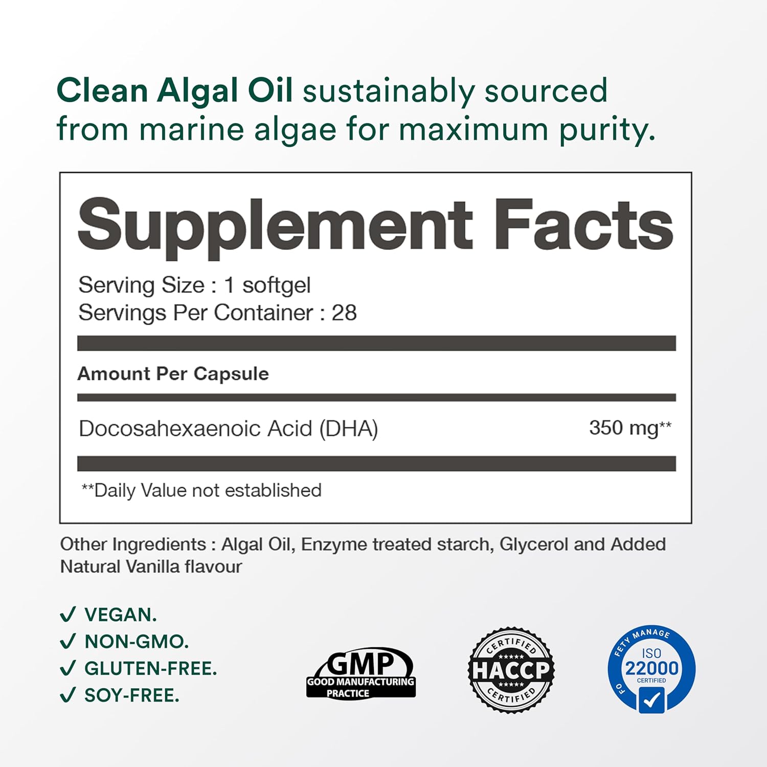DHA Algal Oil 350mg | Vegan Omega-3 from Algae | Plant-Based Fish Oil Alternative for Brain, Eye & Heart Health | 28 Veg Softgels
