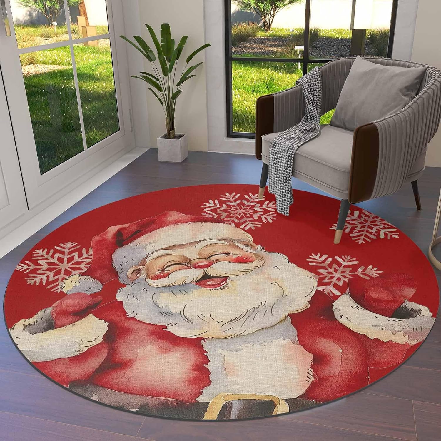 Christmas Round Area Rug 3ft Santa Claus Floor Carpets Washable Indoor Floor Area Mat Stain-Proof Mat Rugs for Living Room Dining Kitchen Bedroom, Red Snowflake Carpet Christmas Home Decor