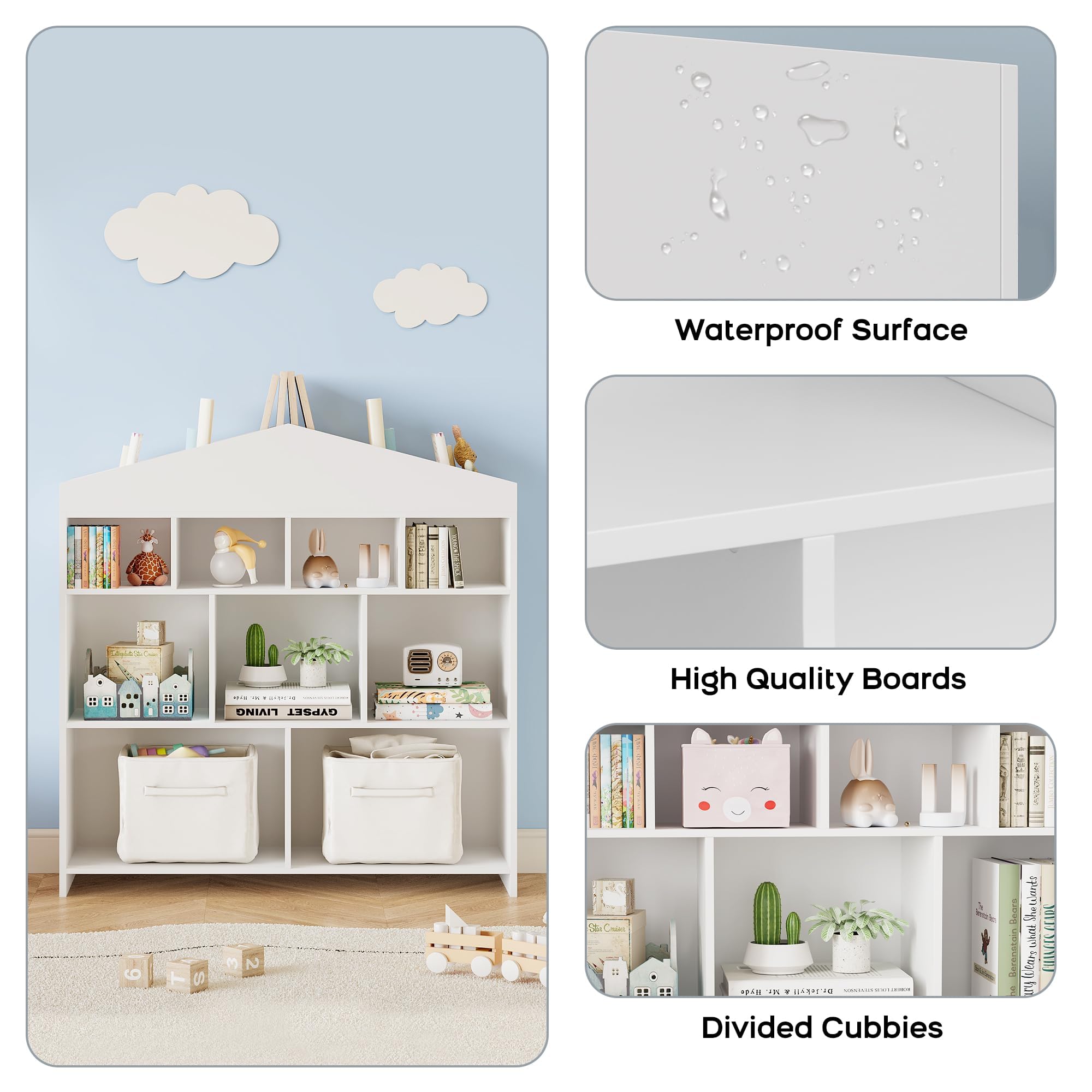 Garvee Estantería Niños Grande - 9 Compartimentos Clasificables - Librería Infantil con diseño en Forma de casa - Espacio Superior para Libros y Adornos - 100 * 30 * 104 CM - Color Blanco