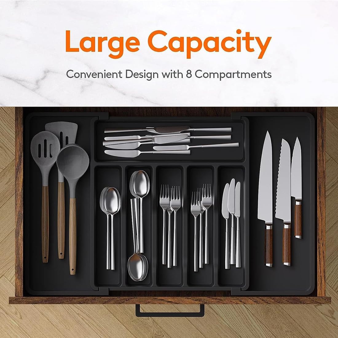 Cutlery Drawer Organiser, Expandable Drawer Organiser ，Tray with 6-8 Compartment Holders, 33-57 x 38 x 5 cm (black) — image 3