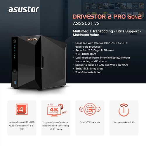 Asustor Drivestor 2 Pro Gen2 AS3302T v2 Boîtier de Stockage réseau NAS à 2 Baies, 1,7 GHz Quad-Core, Port 2,5 GbE, 2 Go de RAM DDR4, Stockage réseau connecté pour Stockage Cloud (diskless) - 2