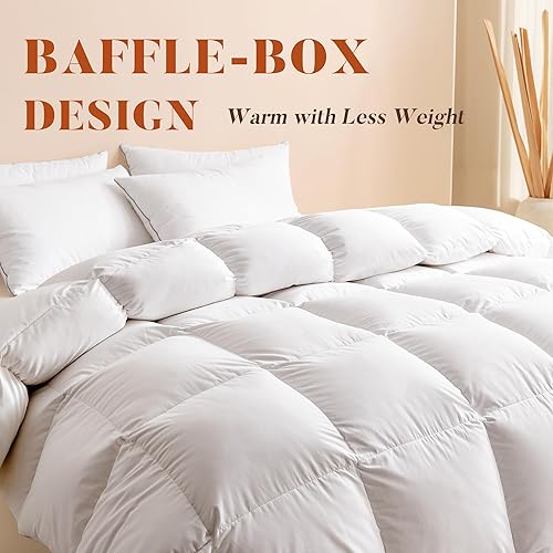 Miniatura 6 de Cosybay Edredón de plumas de ganso tamaño matrimonial, relleno de edredón ultra esponjoso, funda de edredón blanca 100% algodón, edredón de cama de