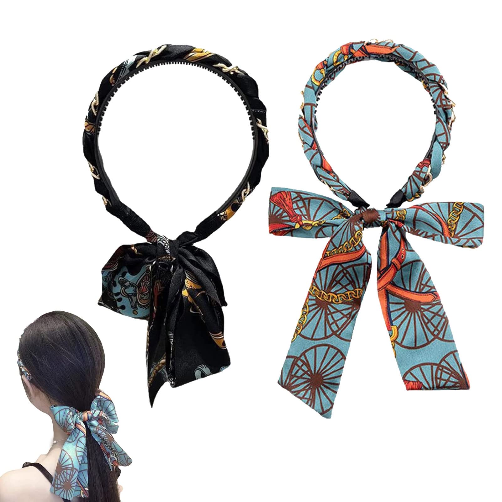 2 Pack Retro Fashion Headbands For Women, Retro Long Ribbon Headband Vintage Print Long Hair Hoop | Comfortable And Breathable Headband Scarf For Women Girls Party Daily Wear Accessories