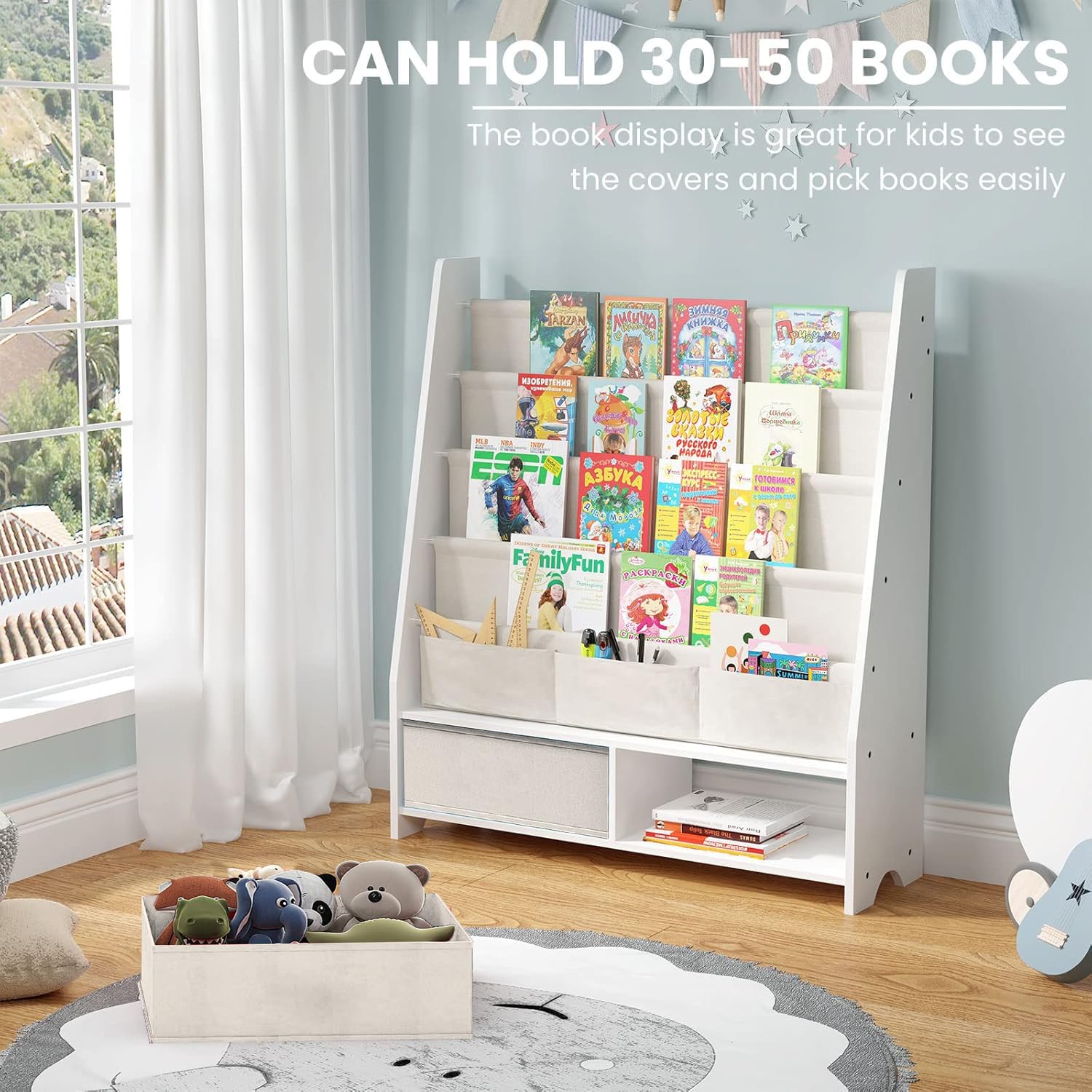 HEYOUTH Scaffale Libri Montessori in Legno Massello con 2 Contenitori e 4 Ripiani Aperti - Mobile Bambini, Libreria con Anti-Ribaltamento 86x70x28cm